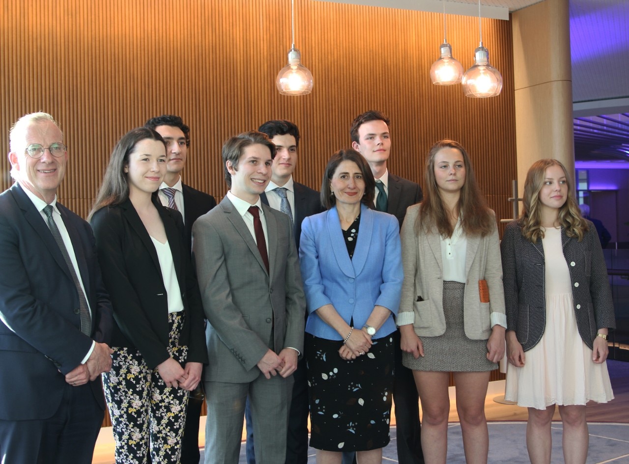 University Vice Chancellor and Principal Dr Michael Spence and NSW Premier Gladys Berejiklian with Caleb Niethe, 2017 recipient of the Lendlease Bradfield Scholarship, alongside six runner-up finalists