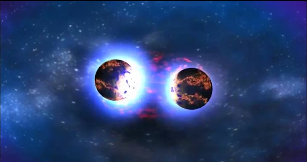 Artist's impression of two neutron stars colliding.