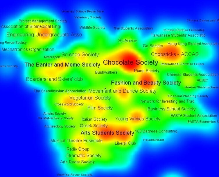 Heat map image of locations student societies and where they congregate with the Chocolate Society the most popular