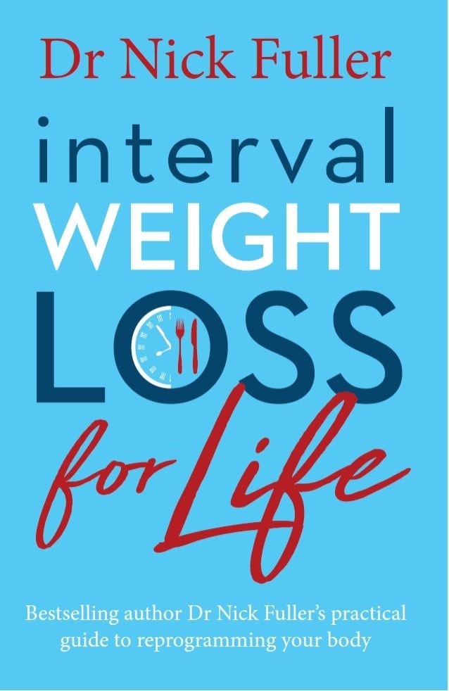 The front cover of Interval Weight Loss For Life by Dr Nick Fuller, where the 'O' in 'Loss' is a clock on the left side with a knife and fork on the right side.