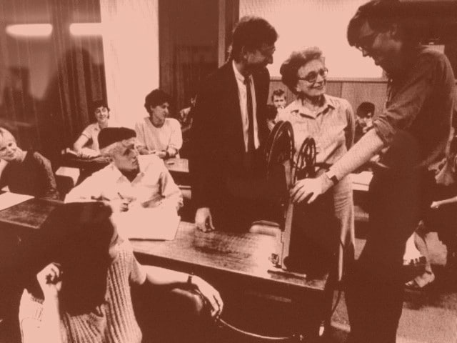 Edward Colless, Madame Gre and Alan Cholodenko in class at the RC Mills Building (1983).