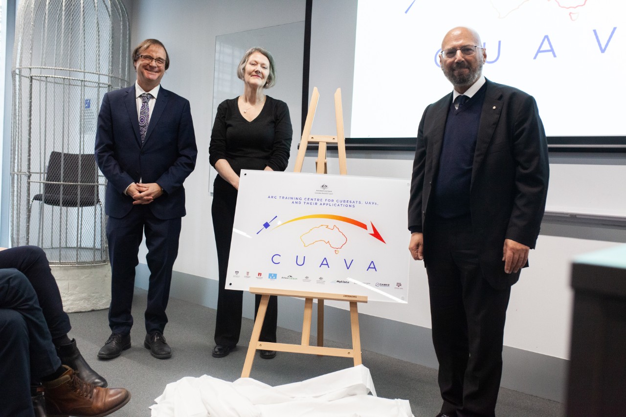 Professor Iver Cairns, Professor Sue Thomas of the Australian Research Council and Senator Arthur Sinodinos at the opening of the CUAVA centre. 