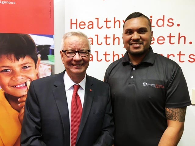 Senator Doug Cameron, Shadow Minister for Skill, Tafe and Apprenticeships with Folau (Paul) Talbot, a dental technician and graduate of the Poche Centre.