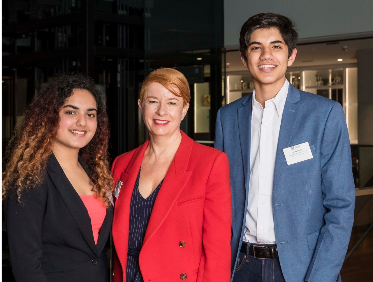 Scholarship recepients Madhullikaa Singh and Aryan Bhatia with University of Sydney Vice-Principal (External Relations) Tania Rhodes-Taylor