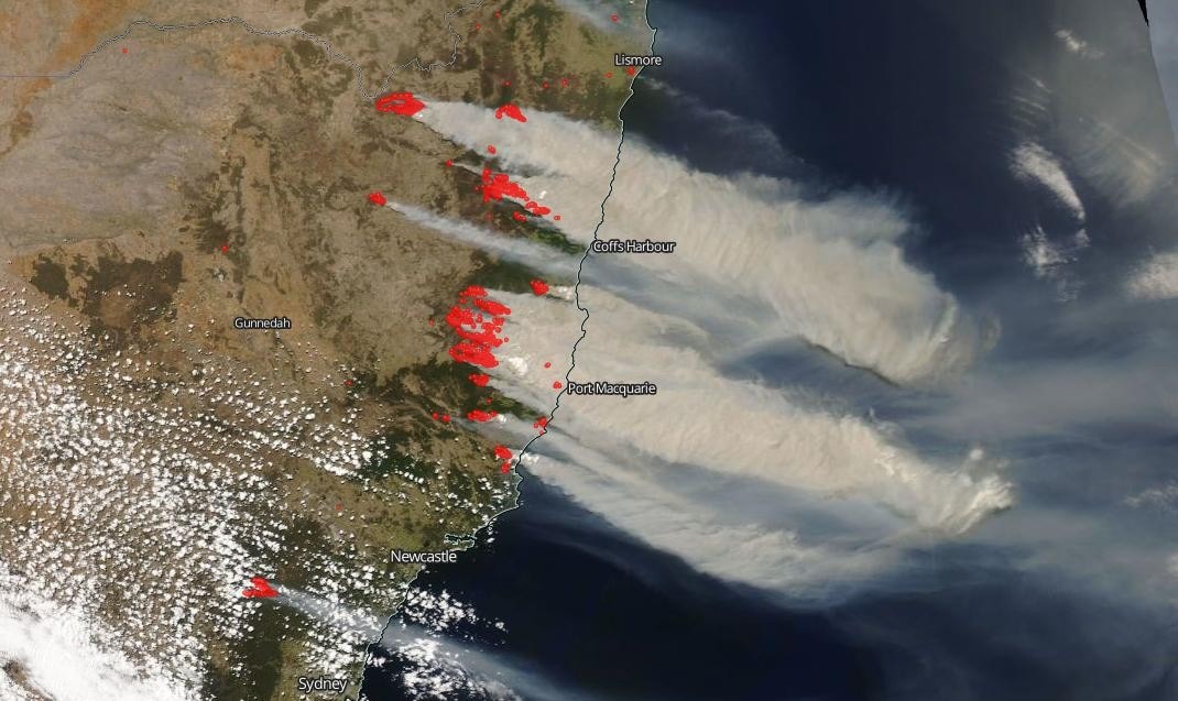 Images of the smoke billows from Australia's east coast bushfires were captured by NASA's Terra satellite. Photo credit: NASA