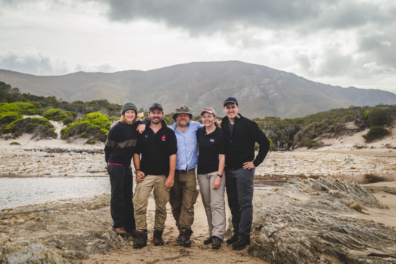 Photo of the Wreck Bay research team, including Dr Samantha Fox, Phil Wise, Stewart Huxtable, Mary Beth McConnell and Corey Wyckoff.