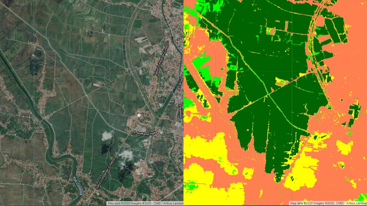 Satellite image (left) and processed rice monitoring image in Central Java showing rice at different stages of development and (in orange) non-rice areas.