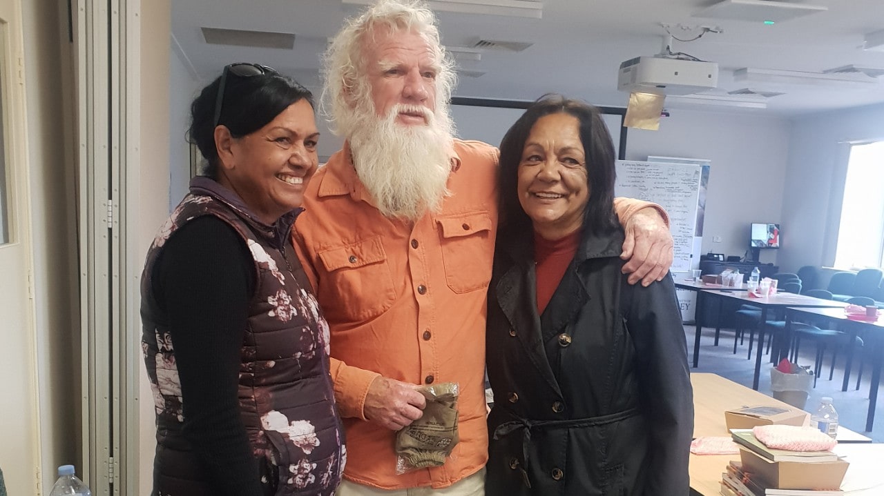 Bruce Pascoe (centre) with workshop participants Rhonda Ashby from Lightning Ridge (left) and Bernadette Duncan from Boggabilla. Photo: Rebecca Cross