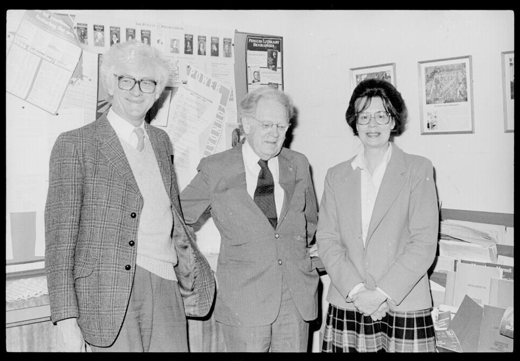 L-R: Professor Gerald Wilkes, Professor Northrop Frye, and Dr Catherine Runcie, 1986. 