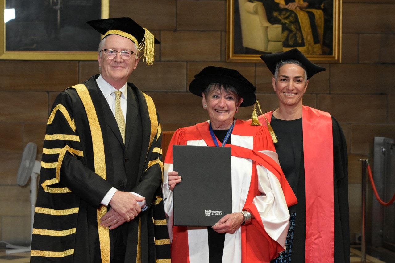 photo of Vice-Chancellor Professor Stephen Garton, Dorothy Hoddinott and Dean of Humanities Professor Annamarie Jagose
