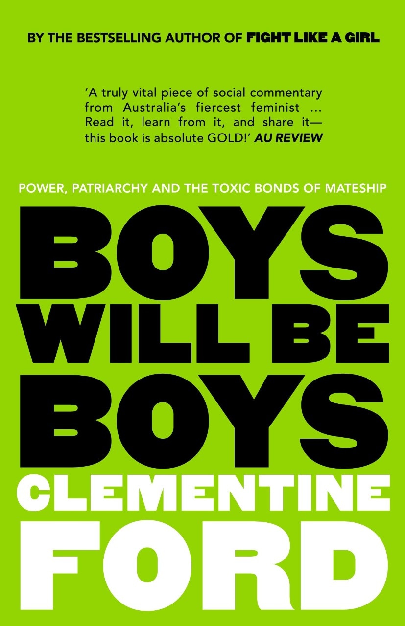 photo of a bright green book cover with the words Boys Will Be Boys