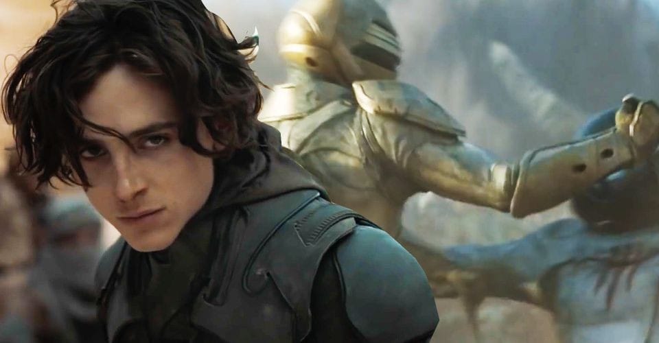 actor Timothee Chalamet in the film Dune, he's looking at the camera. 