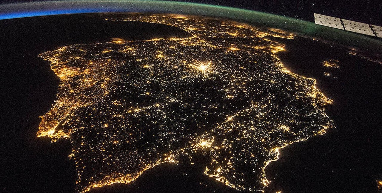 The Iberian Peninsula at night, showing Spain and Portugal. 