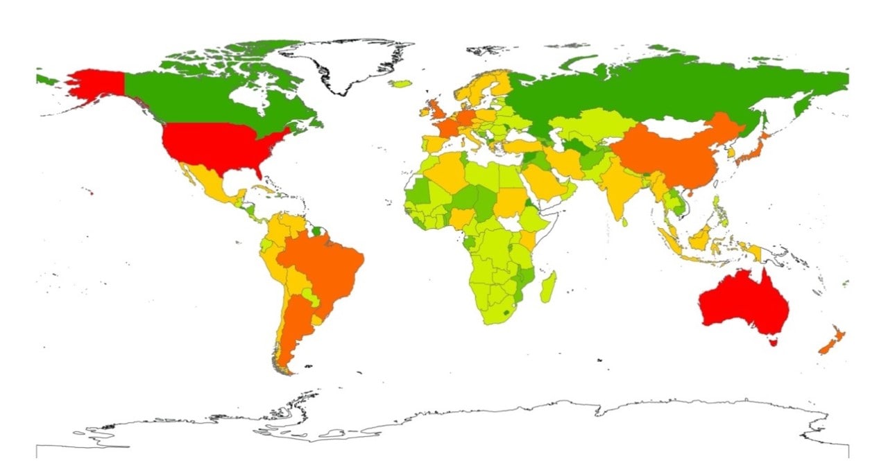 Map showing zoonotic pathogen diversity. Red = high diversity, green = low diversity