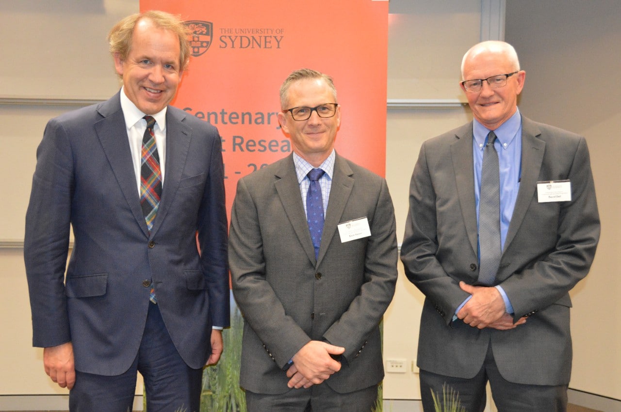 Professor Duncan Ivison (left), Professor Brent Kaiser and Dr David Dall from the Department of Agriculture (right).