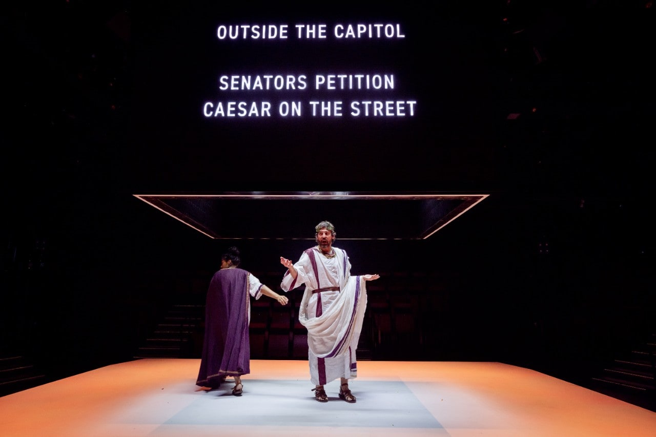 Zahra Newman and Ewen Leslie in Sydney Theatre Company’s Julius Caesar, 2021. Photo: Daniel Boud ©