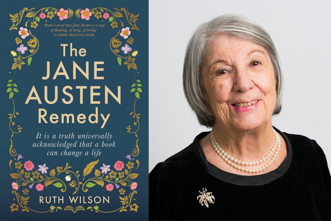 photo of a book jacket that is blue with the writing The Jane Austen Remedy, with another photo of author Dr Ruth Wilson who is an older lady, aged 90, with silver short bobbed hair