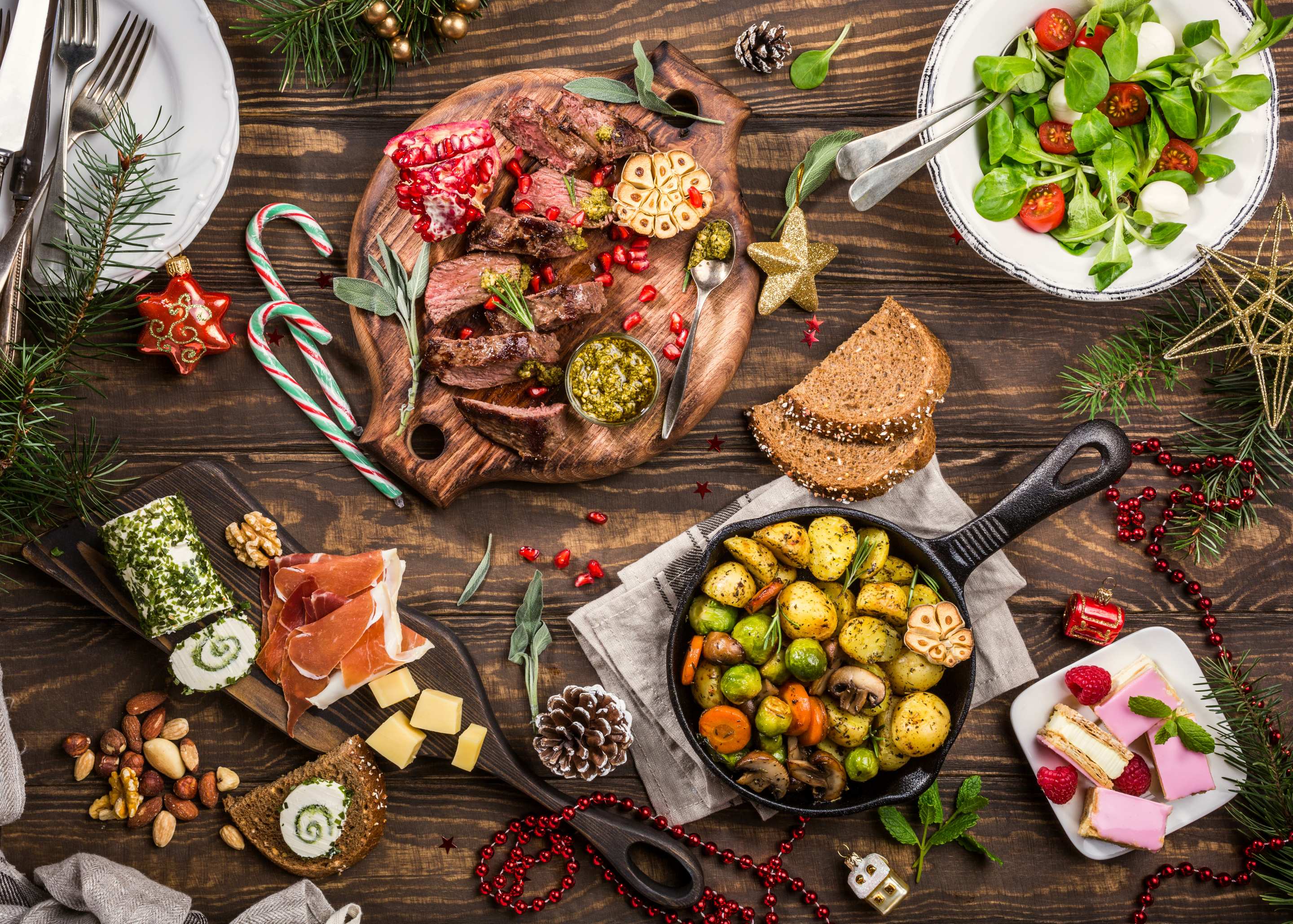 A christmas meal with a rustic table 