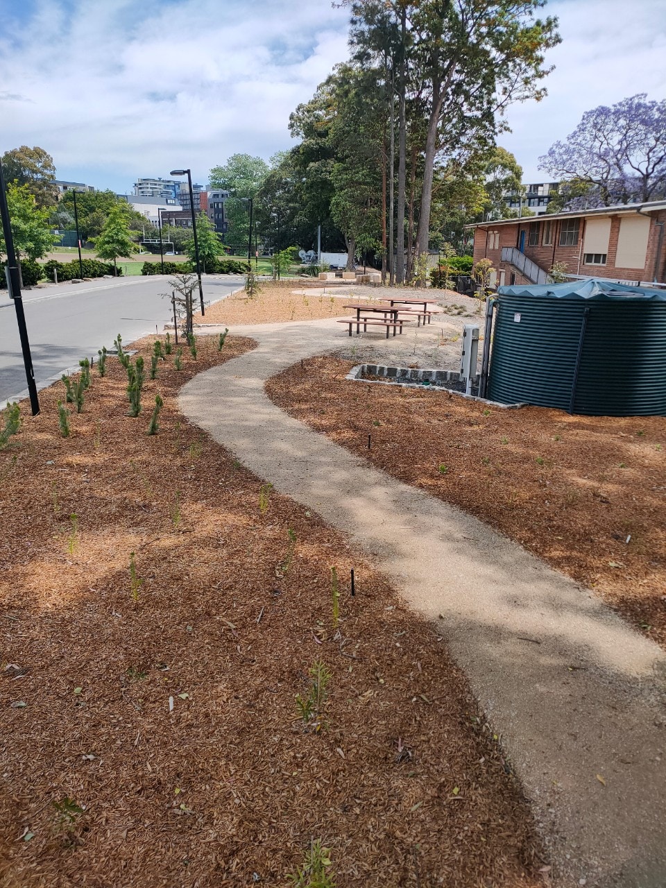 Image of newly planted garden with plants and woodchip mulch in foreground and rain tanks in background
