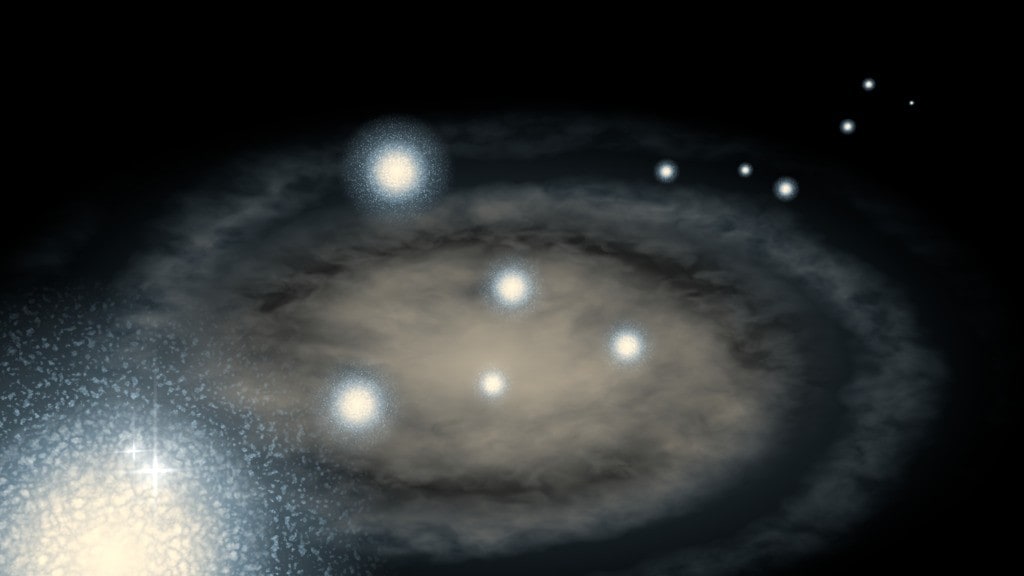 Illustration depicting Dulais Structure globular clusters strewn through Andromeda.