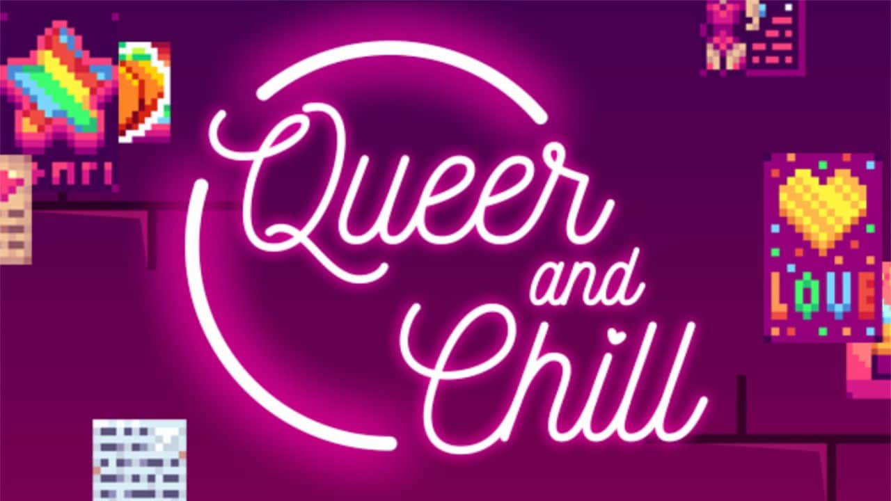 image of pink neon lights that say Queer and Chill