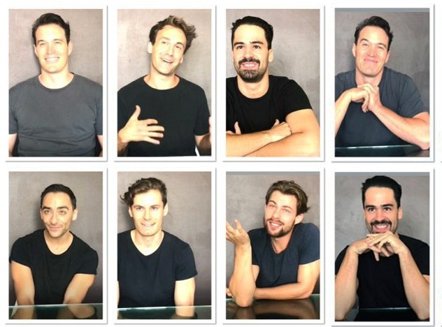 photo of nine men in black tshirts all using their hands or faces in a feminine or masculine way