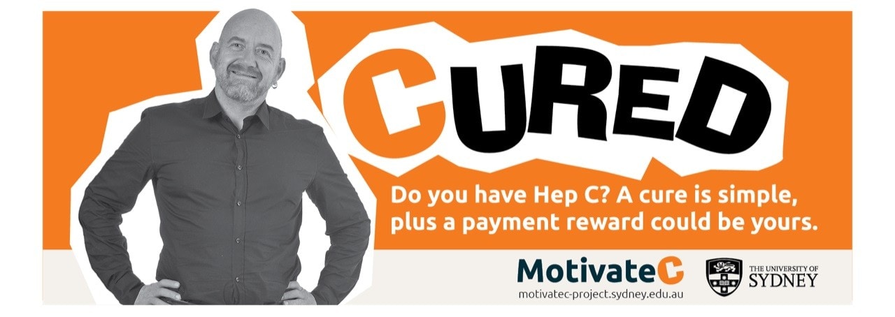 Motivate C campaign banner with image of man and text 'cured'