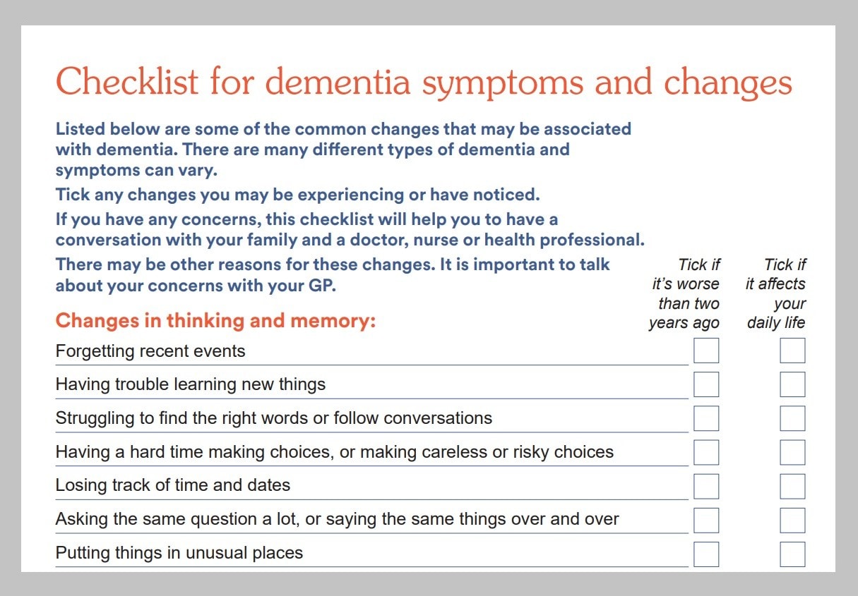 Checklist of dementia symptoms