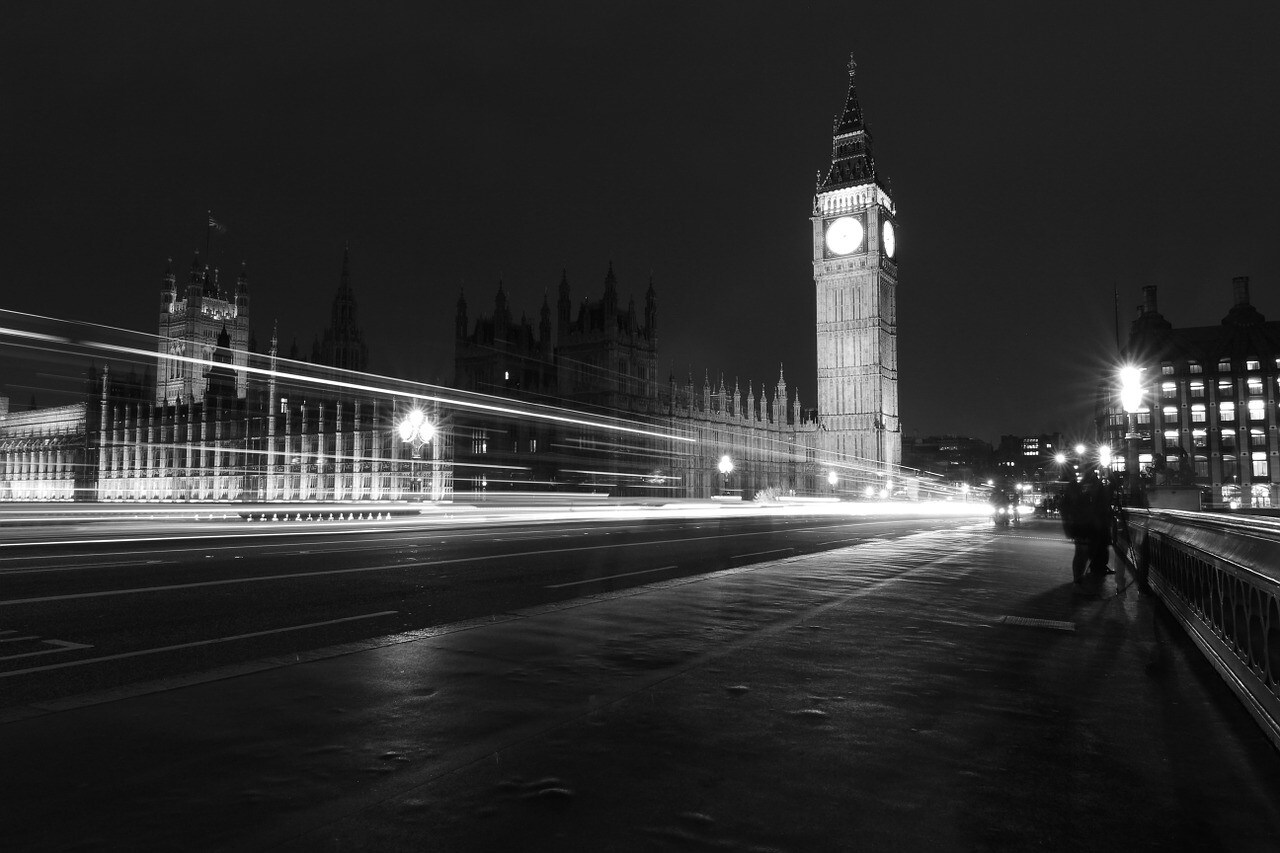 Black and white photograph of Big Ben in London.