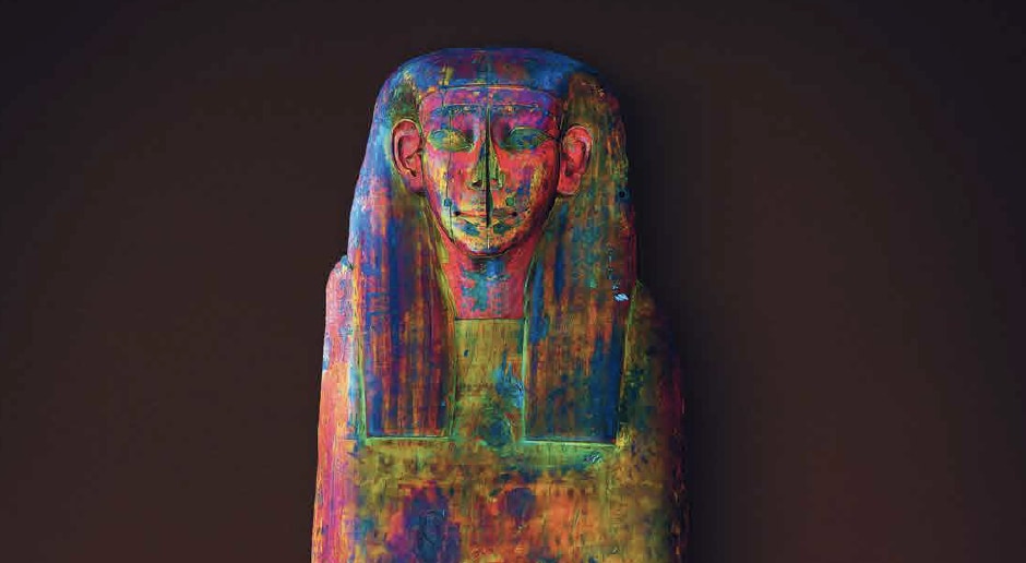 Ancient Egyptian coffin lid of Mer-Neith-it-es shown with colour