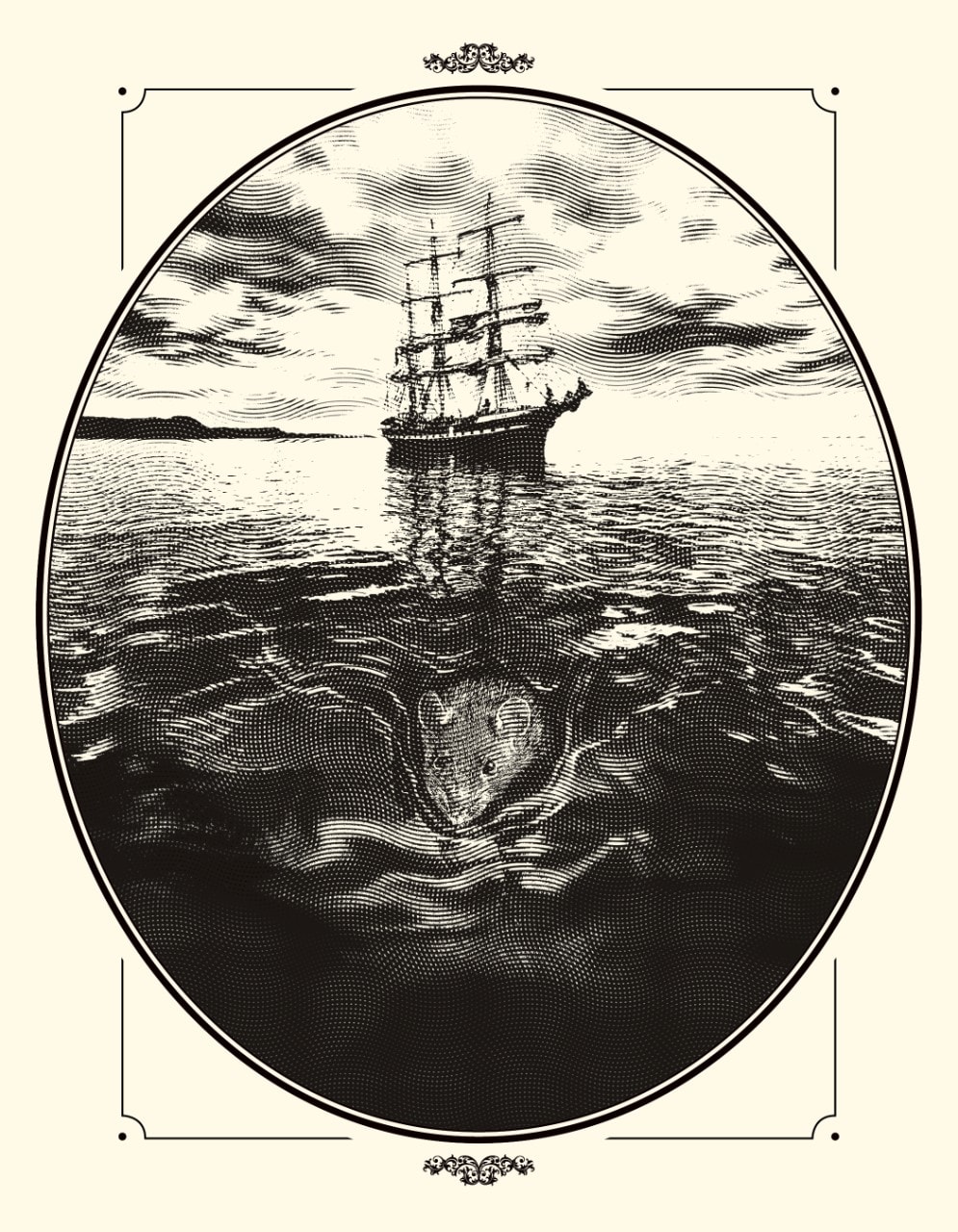 Black and white, antque  engraving of a rat swimming towards shore from a first fleet-type vessel.