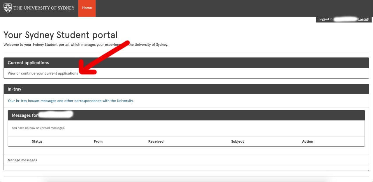 Screenshot of application portal with red arrow pointing to 'View or continue your current applications'
