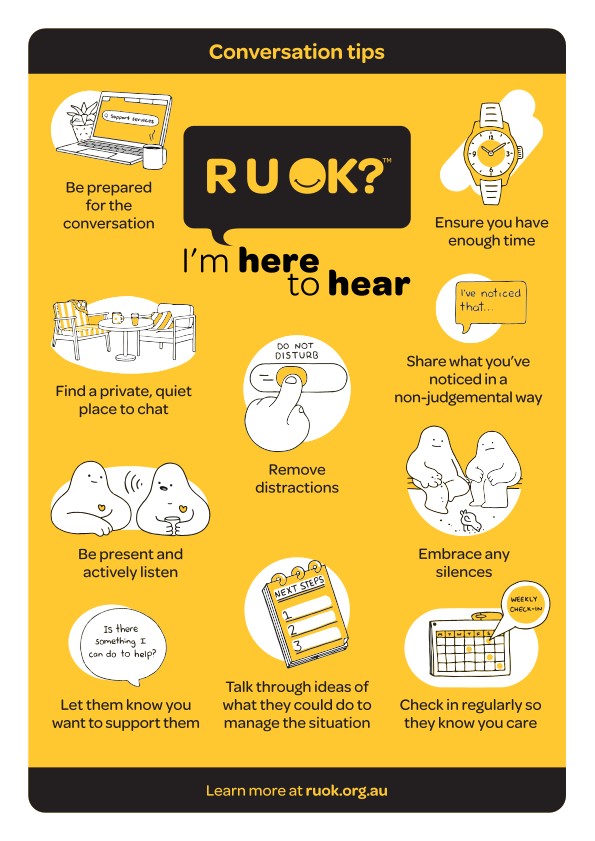 An R U OK? campaign banner with conversation tips: be prepared for the conversation; find a private, quiet place to chat; be present and actively listen; let them know you want to support them; remove distractions; talk through ideas of what they could do to manage the situation; ensure you have enough time; share what you've noticed in a non-judgemental way; embrace any silences; check in regularly so they know you care; learn more at ruok.org.au