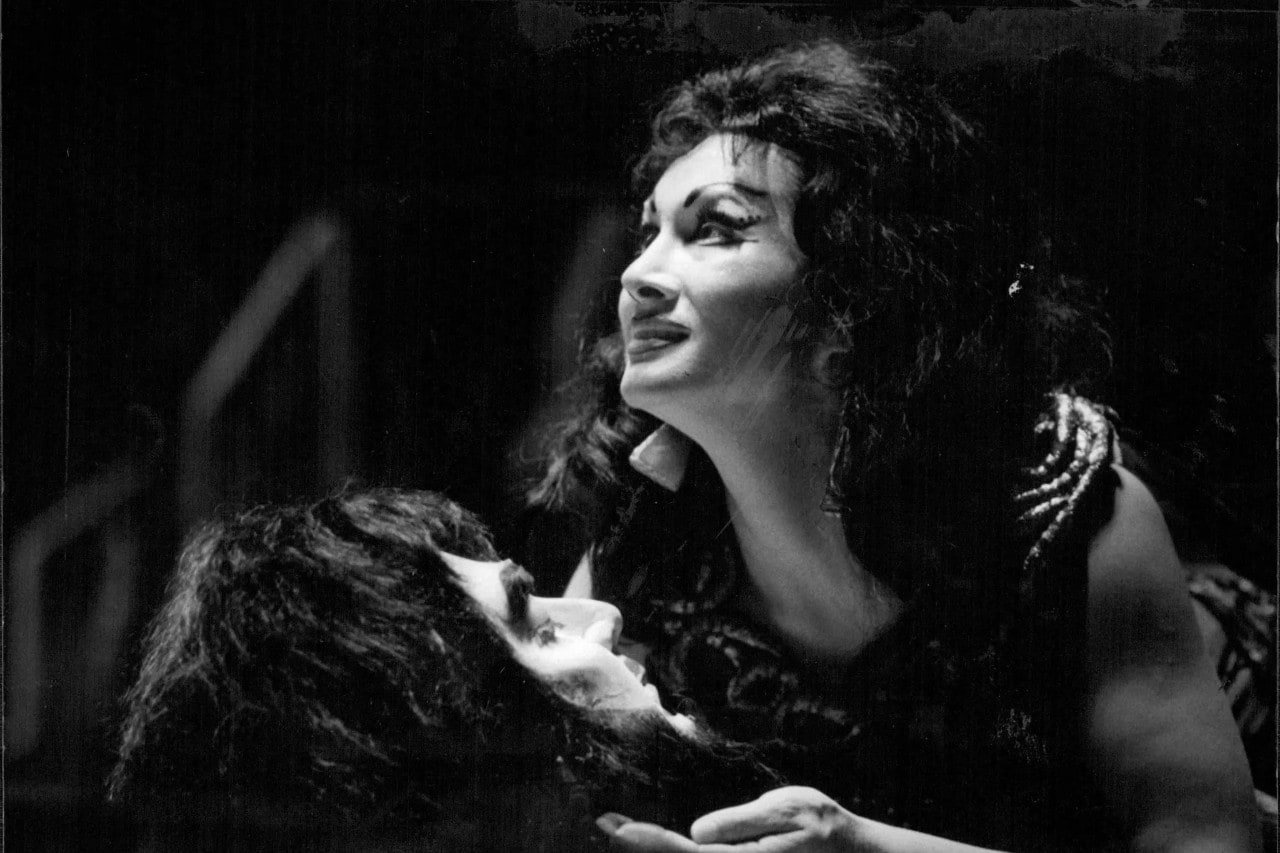 black and white photo of a woman singing the role of Salome