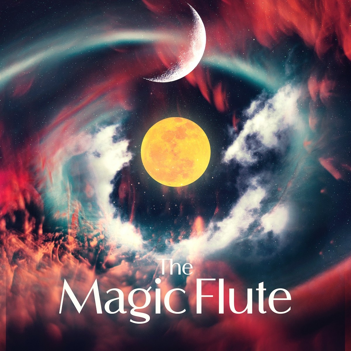 Text: The Magic Flute, Image: the sun and moon are pictured in a hazy starscape