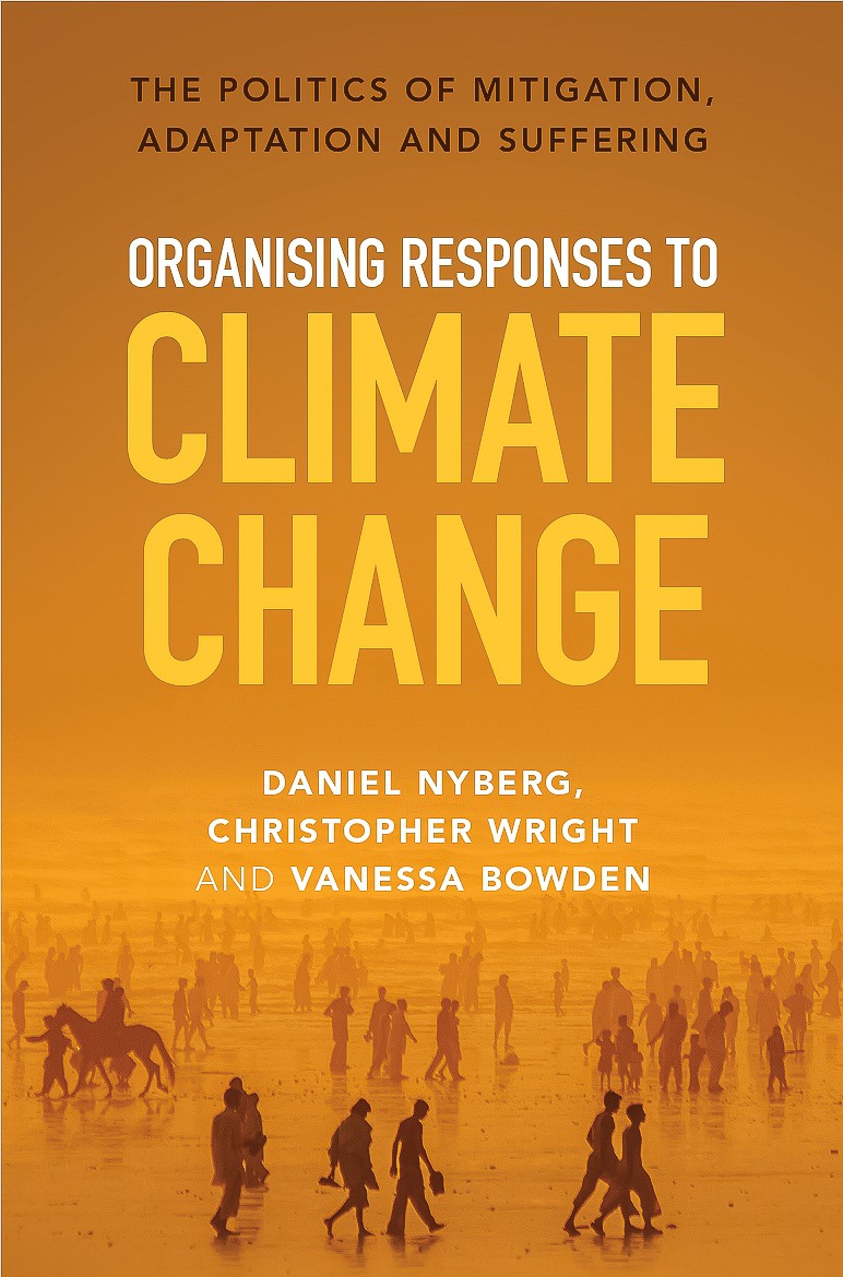 Image of the book cover of Organising Responses to Climate Change which is an orange image of silhouetted figures walking on a beach in a heatwave.