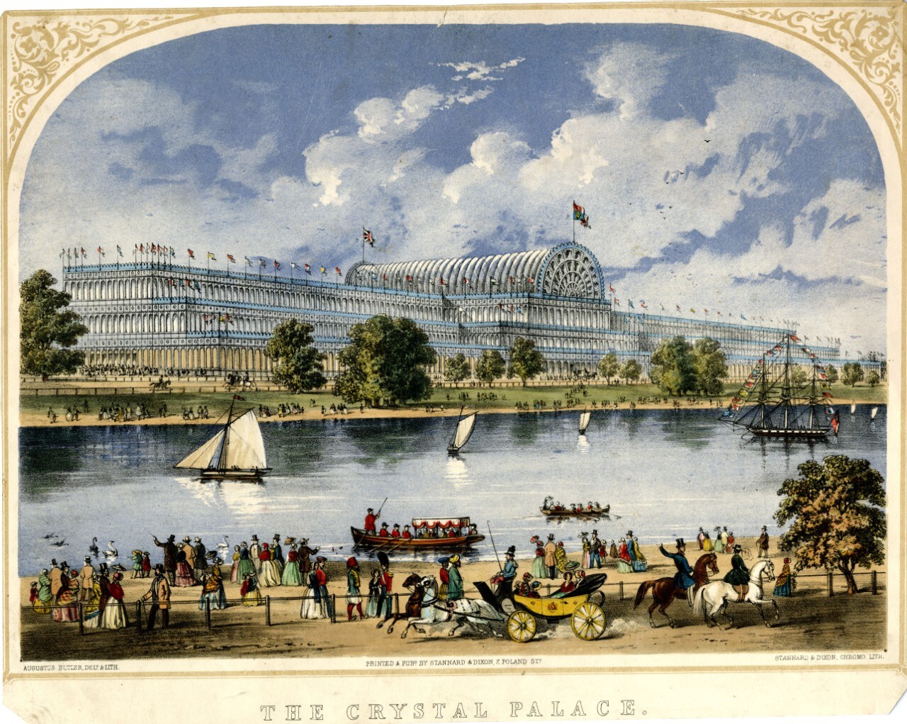 Chromolithograph of the Crystal Palace and its grounds, showcasing boating, carriage rides, and tourists taking in the sites