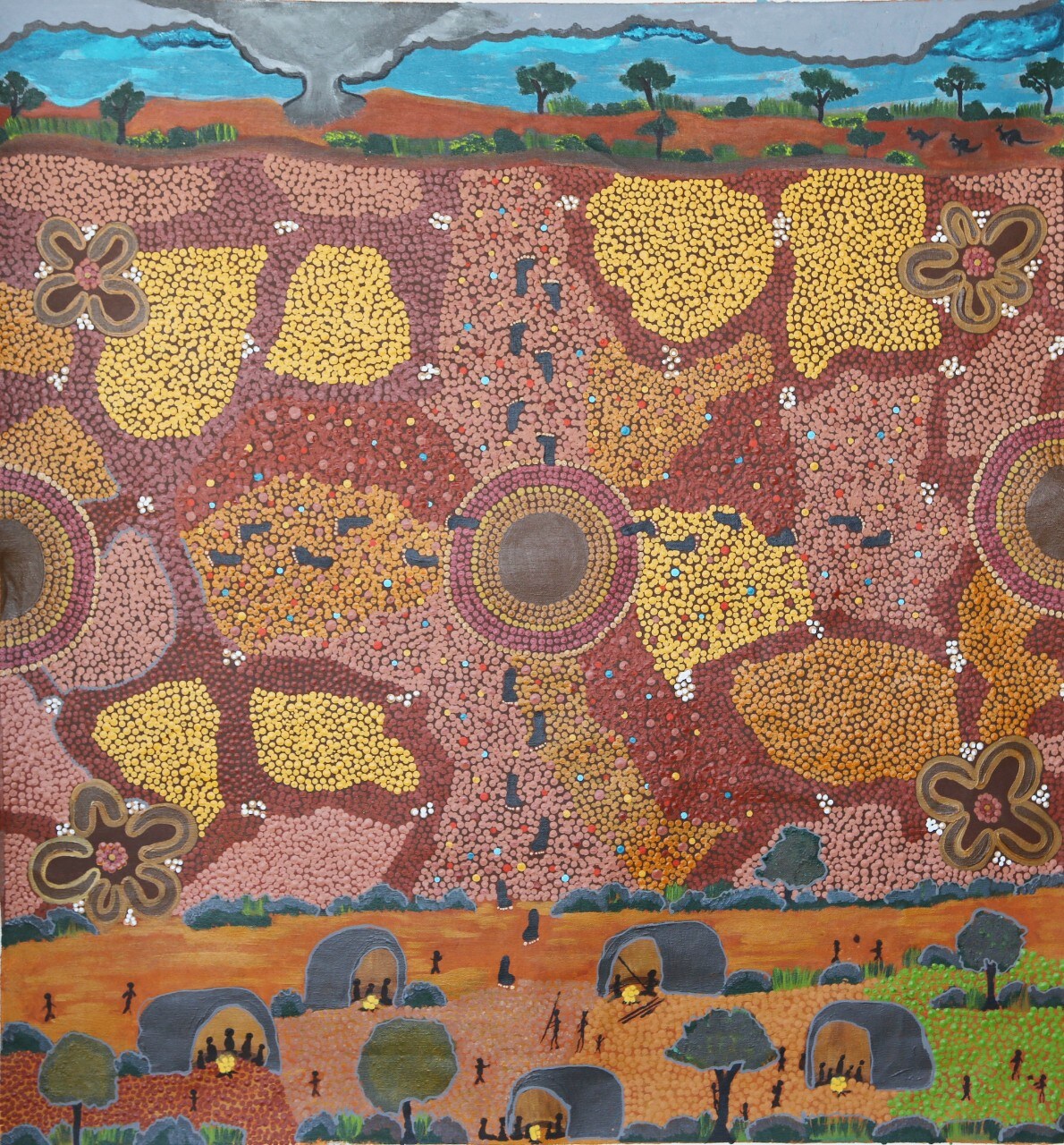 An Aboriginal art potraying a nuclear refuge camp by Glenda Ken