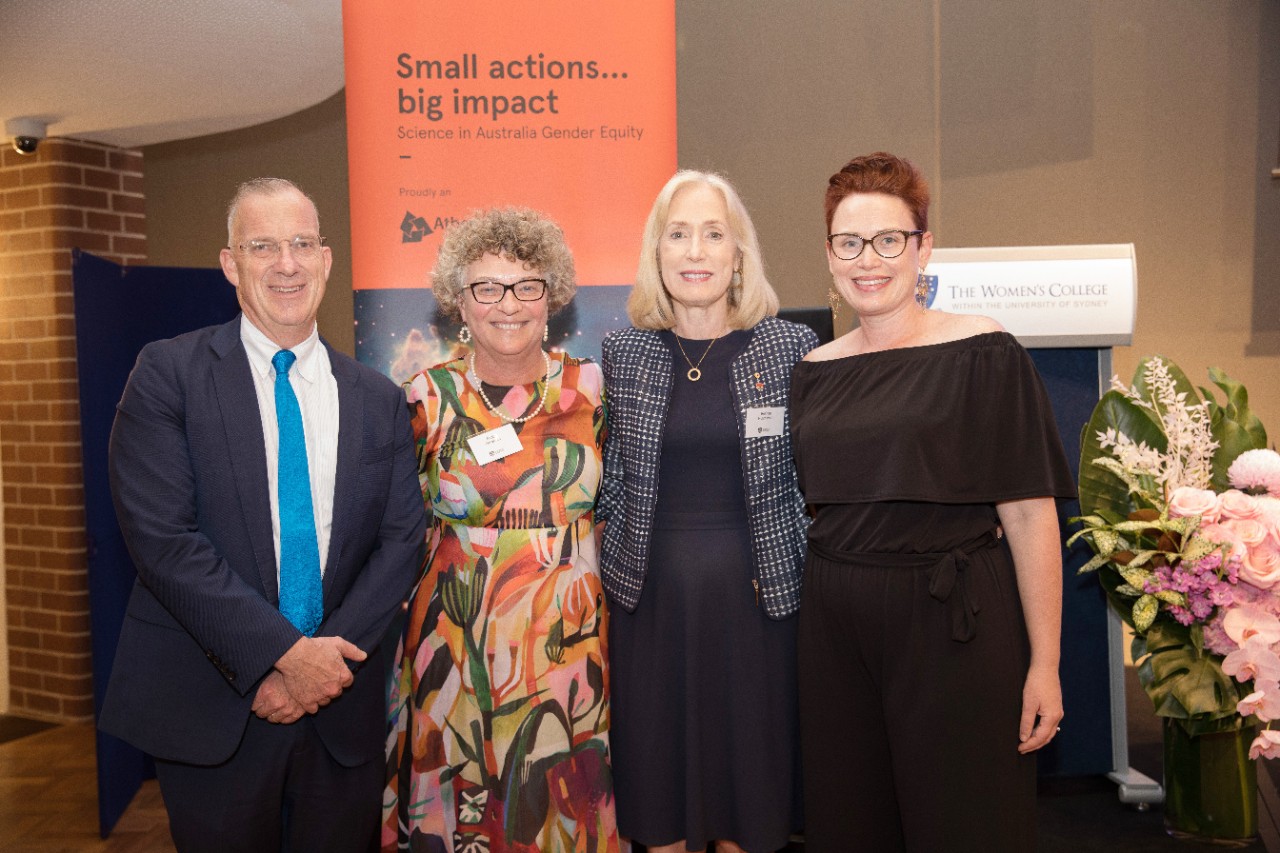 Group photo of Vice-Chancellor and Principal Dr Michael Spence AC, Annie Fenwicke (SAGE Project Manager), Chancellor Belinda Hutchinson AM and Professor Renae Ryan (Academic Director of SAGE) at a recent University SAGE celebration.