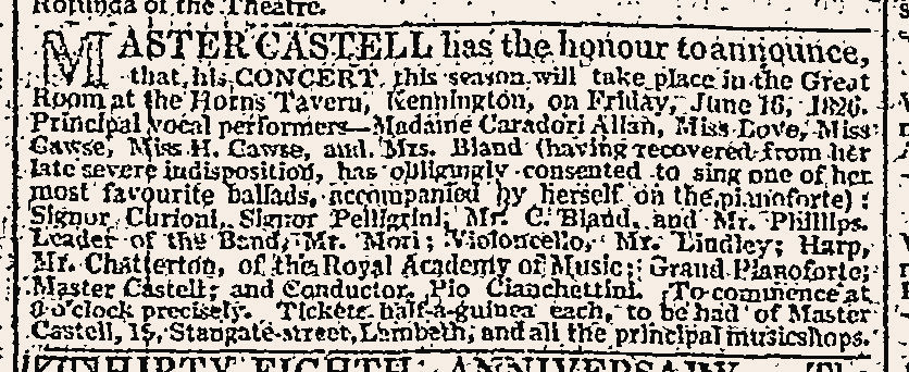 Advertisement for Master Castell's concert, The times, 10 June 1826, page 1