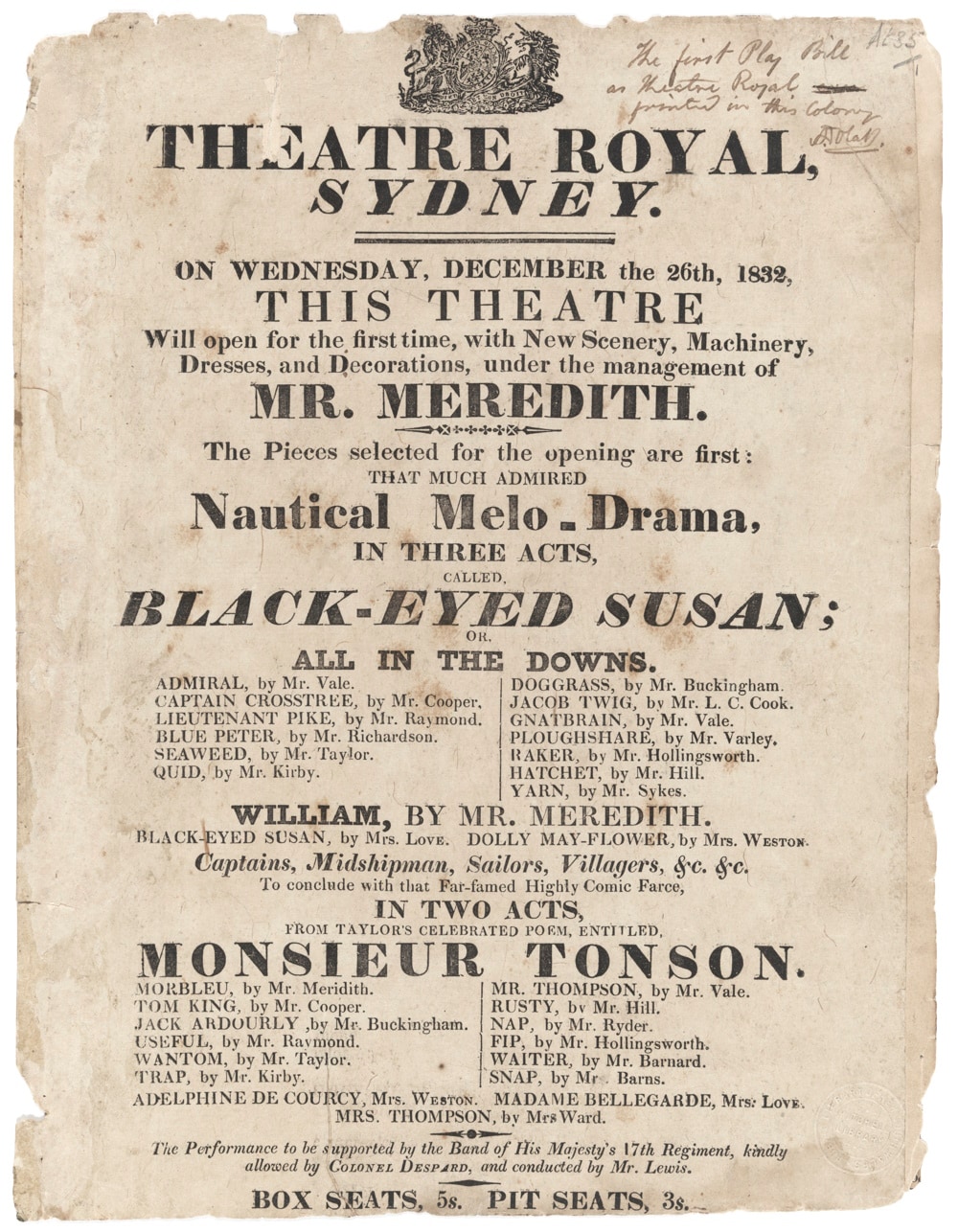 [Playbill], Theatre Royal, Sydney, 26 December 1832; State Library of New South Wales