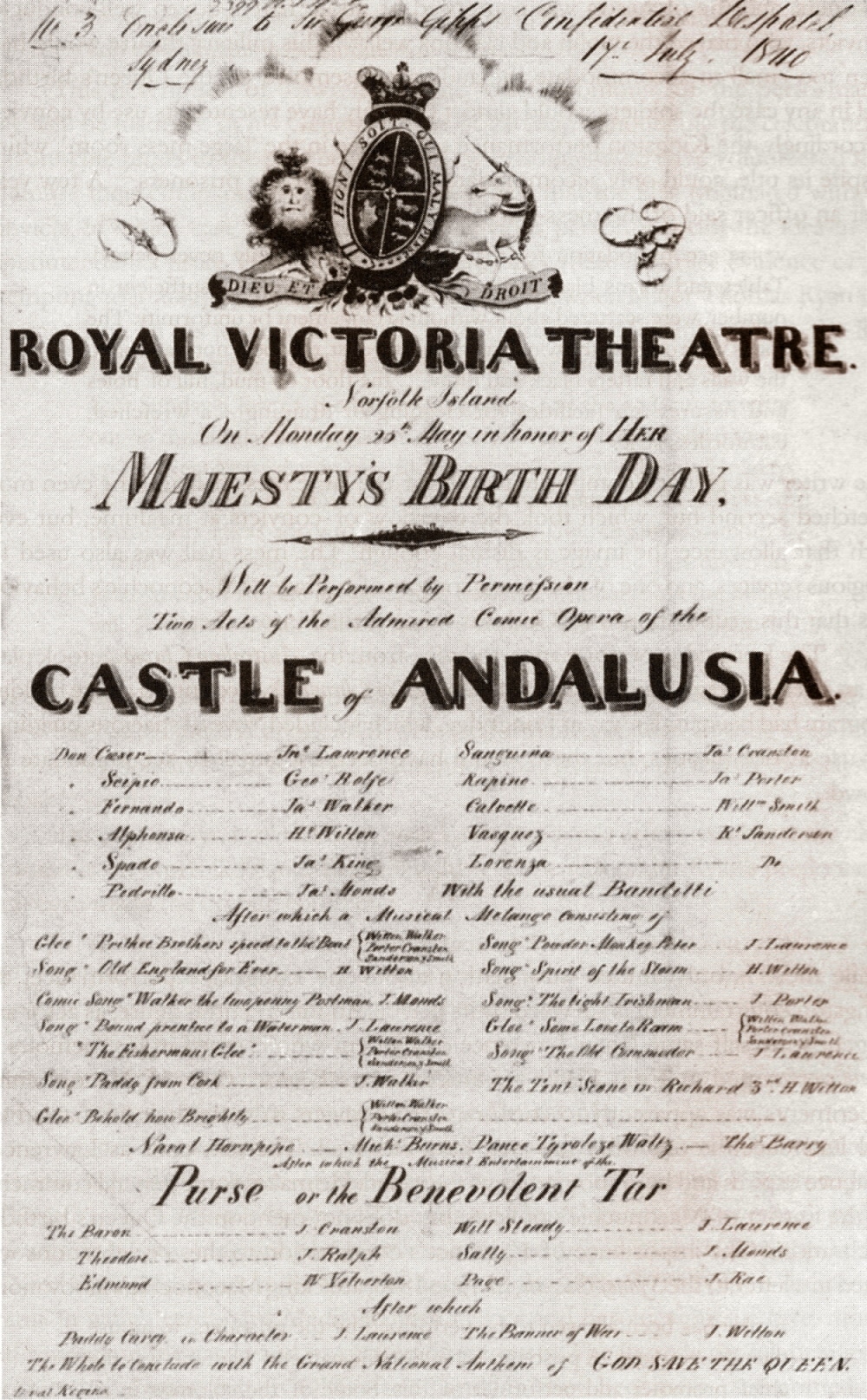 [Playbill], ROYAL VICTORIA THEATRE, Norfolk Island, 25 May 1840