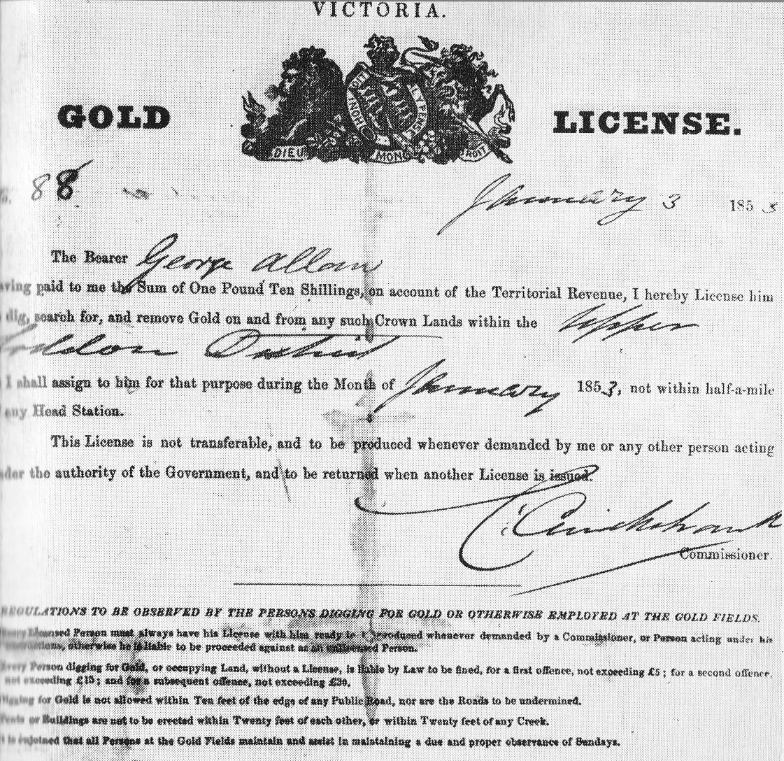George Allan, gold license, Victoria, 3 January 1853