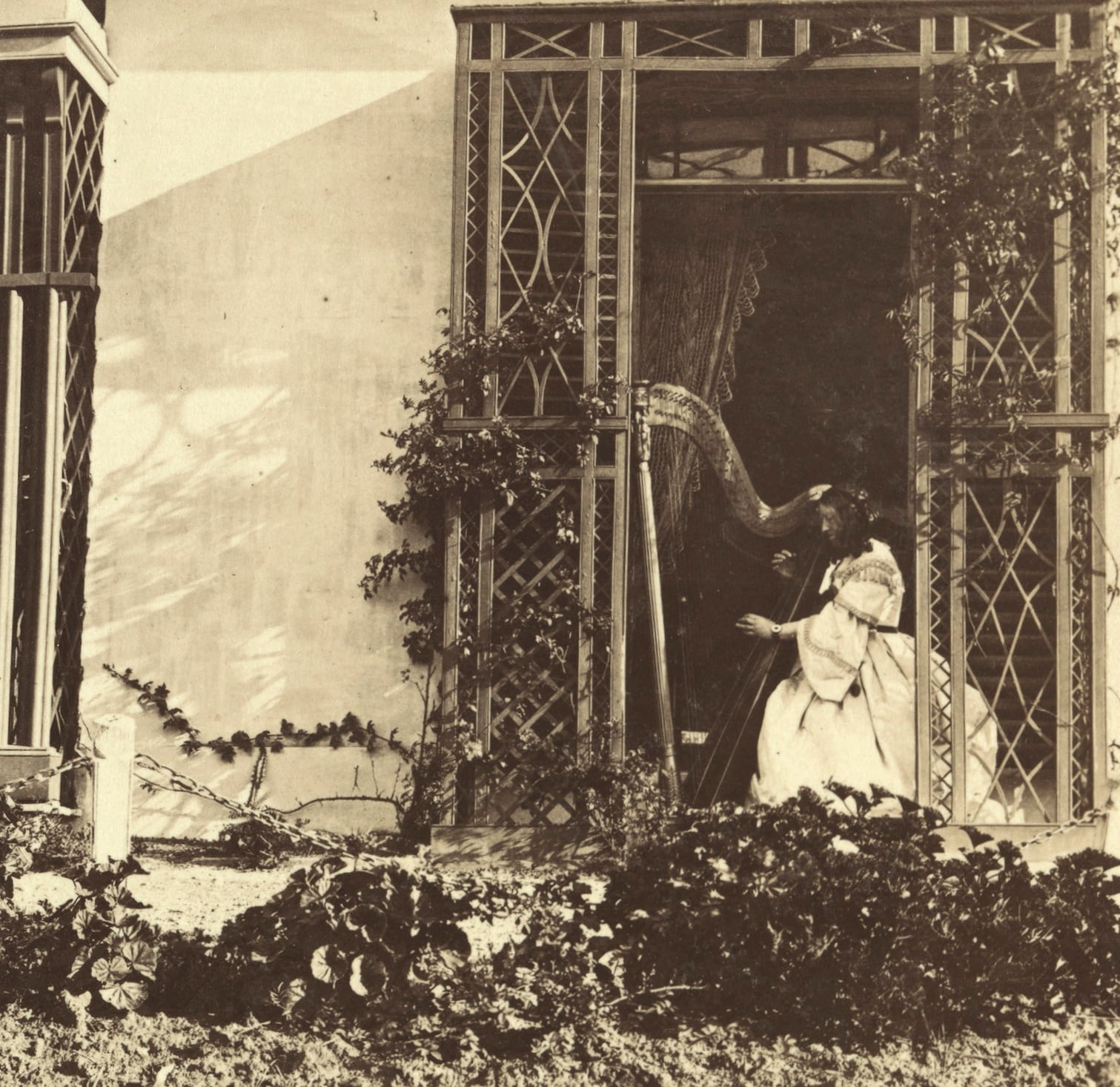 Mary Morton Allport playing the harp at Aldridge Lodge, c. 1860s (detail); Tasmanian Archive and Heritage Office