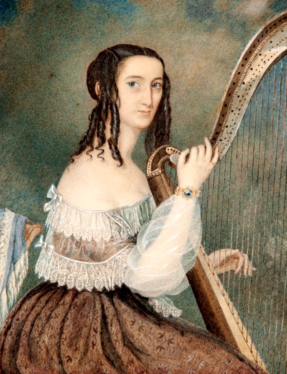 Mrs. Andrews, playing her harp; by Martha Berkeley, c. 1845 (Art Gallery of South Australia)