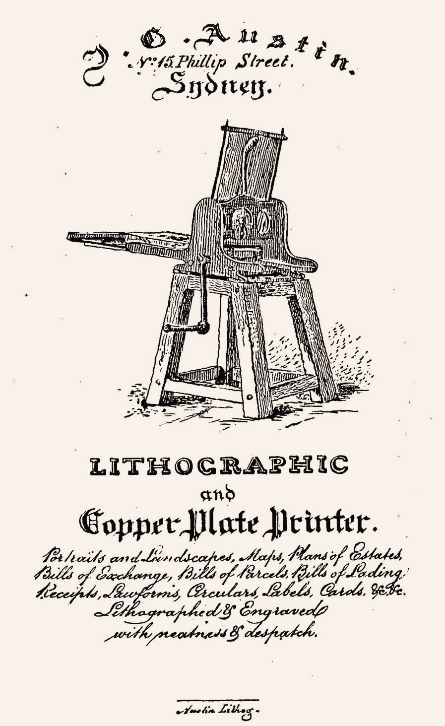 J. G. Austin, lithographic and copper plate printer, Sydney, c. 1834; State Library of Victoria