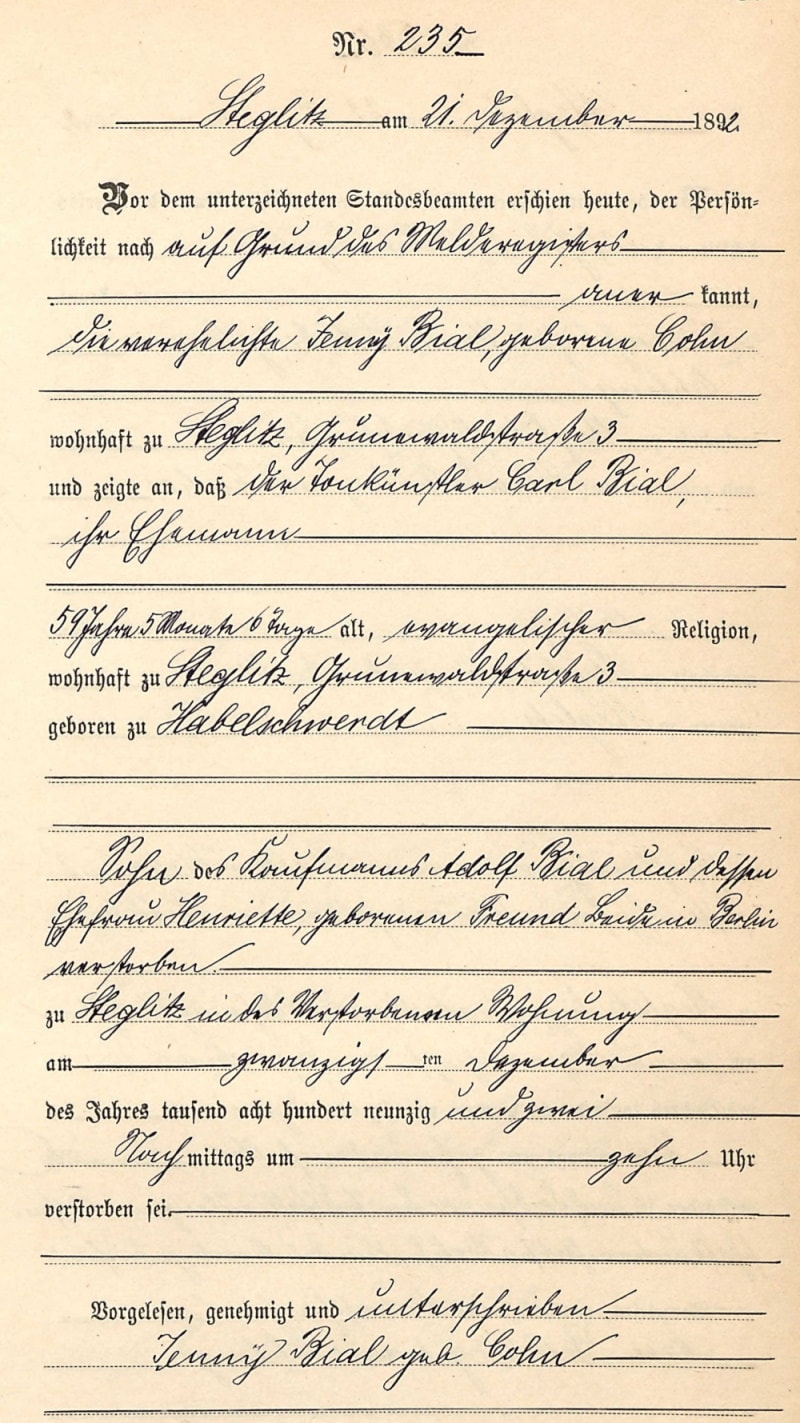 Death, Carl Bial, Steglitz, Berlin, 20 December 1892; Landesarchiv Berlin