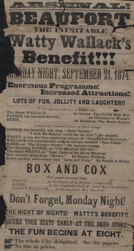Playbill, Watty and Fannie Wallack, the Arsenal, Beaufort, South Carolina, 21 September 1874