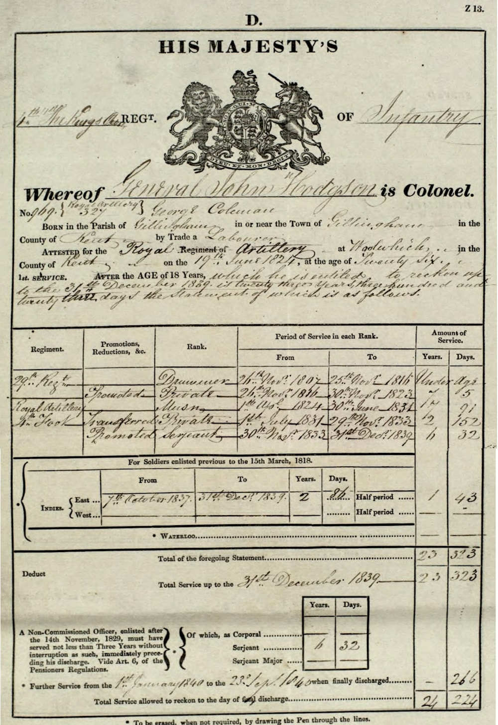 Discharge of sergeant George Coleman, 4th Regiment, December 1839