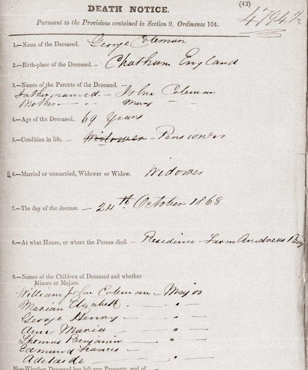 Death certificate, George Coleman, 1868; Cape colony, South Africa
